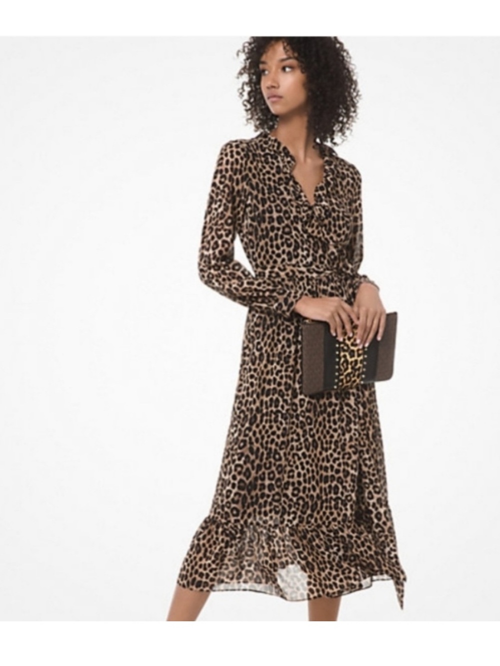 Micheal Kors Leopard Print Long Sleeve Midi Dress